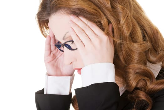 businesswoman with a headache holding head,isolated on white background