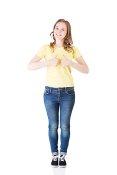 beautiful teen woman in casual clothes gesturing thumbs up. isolated