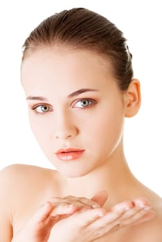 beautiful woman face with fresh clean skin - isolated on white background
