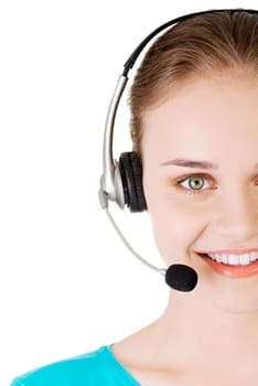 Beautiful young call-center assistant smiling,isolated