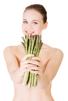 pretty woman with healthy food - asparagus,isolated on white