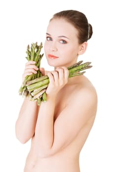 pretty woman with healthy food - asparagus,isolated on white