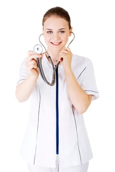 female doctor with stethoscope,isolated on white.