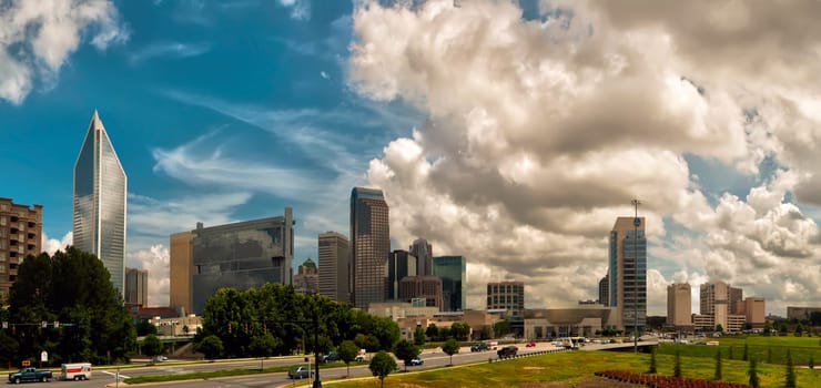 Skyline of Charlotte Towers during day with clouds