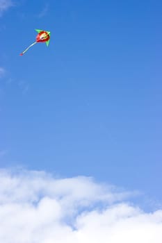 Kite soaring in the blue sky in the form of a lion