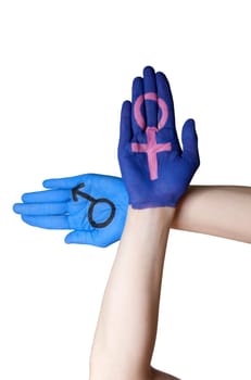 two painted hands with gender signs, isolated