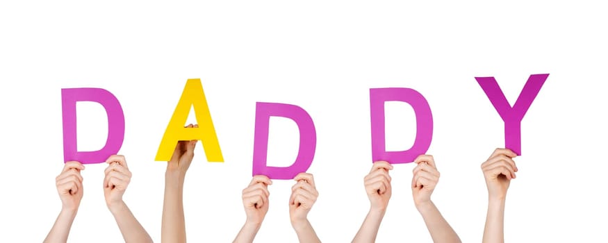 hands holding the word daddy, isolated on white