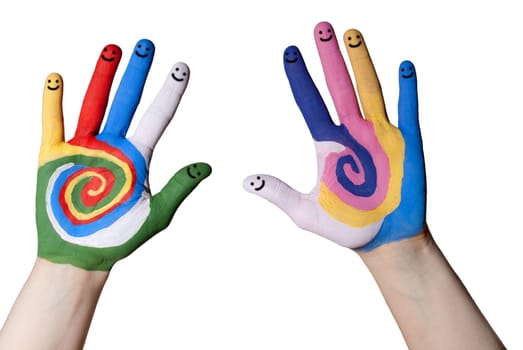 two colorful painted hands with smiling fingers, isolated