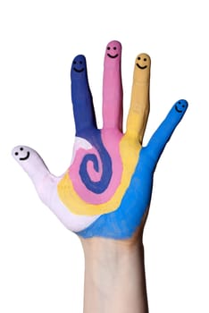 a colorful painted hand with smiling fingers, isolated