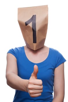 a person with a paper bag head showing a one, isolated