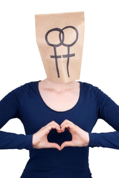 woman with paper bag with lesbian sign and showing a heart with her hands, isolated