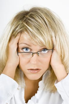 disheveled, distraught young blonde girl with glasses