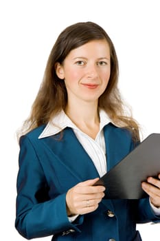 young girl holding a notebook and a smile on a white background