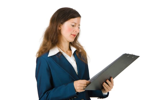 young business woman with a plate on a white background