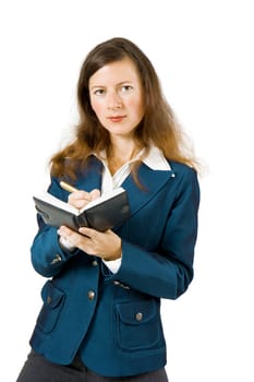 young girl holding a notebook and a smile on a white background