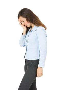 woman with a headache on an isolated white background