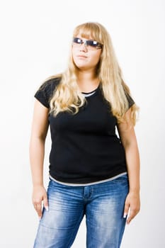 blonde girl in sunglasses on white background