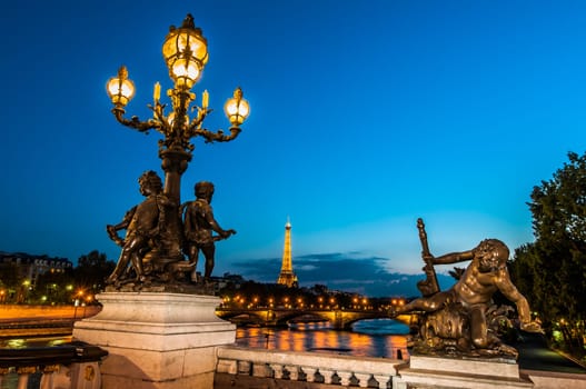 Pont Alexandre III  Alexander the third bridge by night in the city of Paris in france