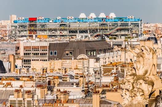 aerial view of beaubourg area with the pompidou center museum   cityscape of Paris in france