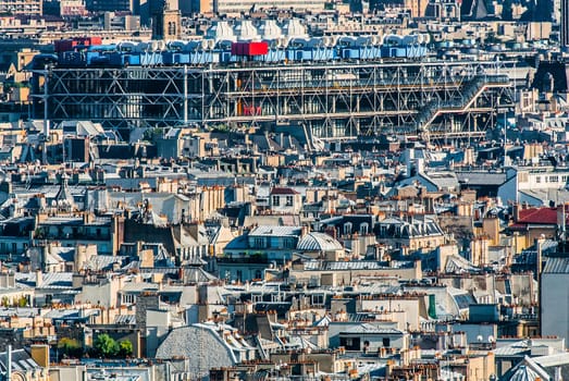 aerial view of beaubourg area with the pompidou center museum   cityscape of Paris in france