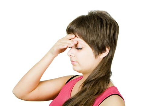 patient was a young woman holding his head on a white background