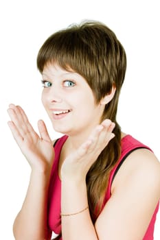 on a white background beautiful delighted happy girl with blue eyes