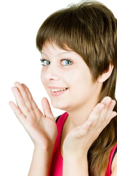 on a white background beautiful delighted happy girl with blue eyes