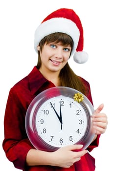 Santa girl with the clock on an isolated white background