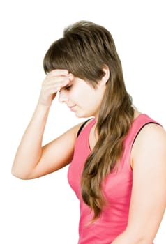 young woman holding a hand behind his head. Headache. Stress. Isolated