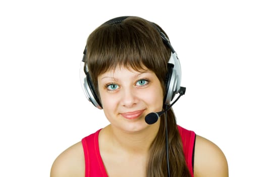 smiling girl in headphones with a microphone on the isolated white background