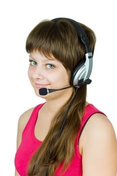 beautiful young smiling girl in headphones with microphone