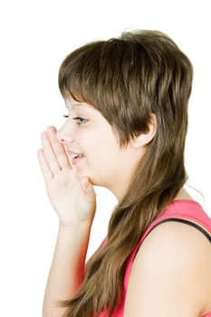 girl tells gossip. Isolated white background. Portrait