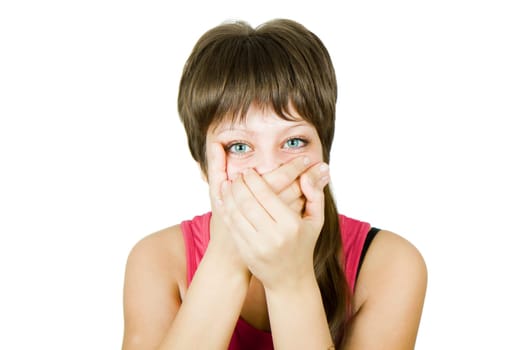 she closes her mouth with her hands on an isolated white background