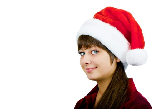 happy blue-eyed girl Santa on an isolated white background
