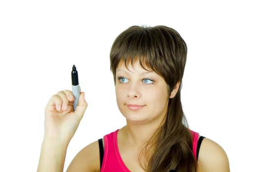 beautiful young blue-eyed girl holding a black marker