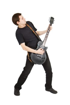 young man with a guitar on an isolated white background