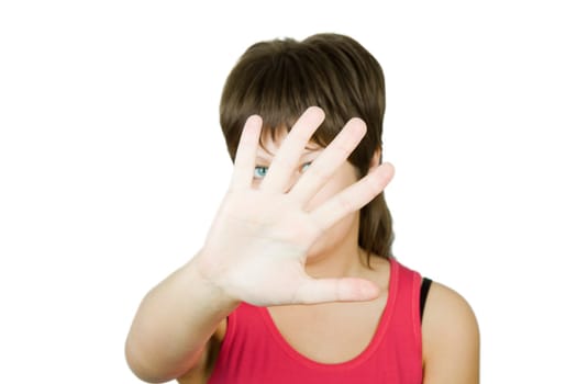 she hides the face. Isolated white background