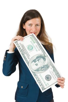 girl bites the big bucks on a white background