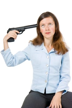 young woman shoots a pistol into his head