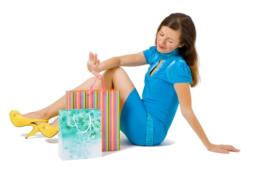 girl in a bright dress with shopping