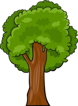 Cartoon Illustration of Green Deciduous Tree or Oak, Beech or Maple