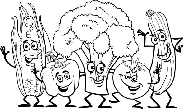 Black and White Cartoon Illustration of Happy Vegetables Food Characters Group for Coloring Book