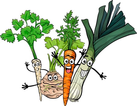 Cartoon Illustration of Happy Soup Vegetables Food Characters Group