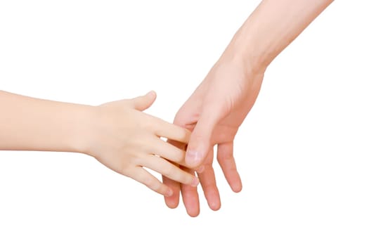 man holding a child by the hand. White isolated background