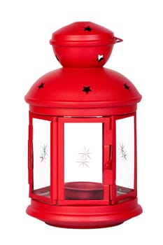 Red metal lantern insulated against a white background