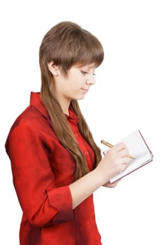 young beautiful girl with a notebook. Isolated white background