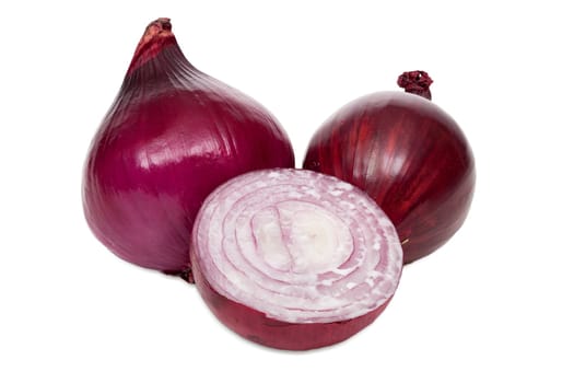 Red onions,whole and half insulated against a white background
