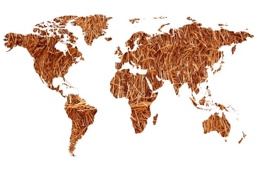 a planisphere or map of the world on a background of straw or hay for organic farming
