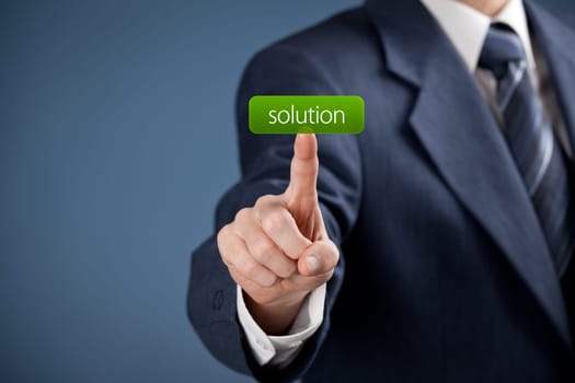 Get solution concept. Businessman click on virtual button with text solution (look for easy solutions).