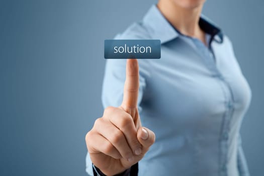Get solution concept. Businesswoman click on virtual button with text solution (look for easy solutions).